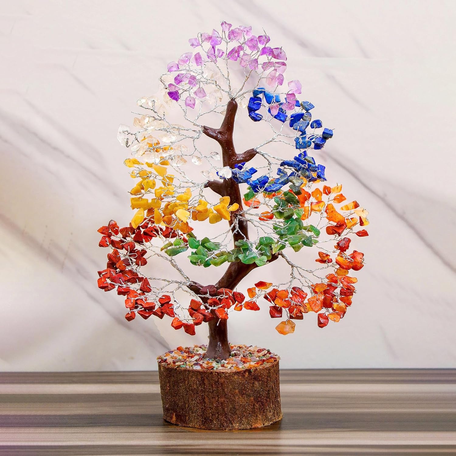 Seven Chakra Gemstone Tree Feng Shui Figurine Money Bonsai Good Luck Reiki Healing Crystals Balancing Decoration Ornament Sculpture Wealth Prosperity Table Room Decor Gift Size 10-12"