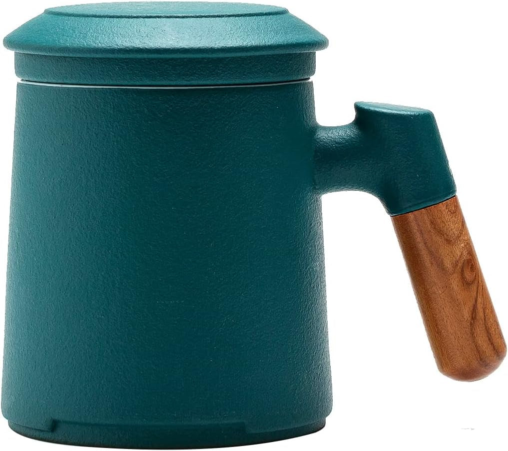 Tea Mug with Infuser and Lid, Wood Handle Loose Leaf Tea Strainer Cup, 360ML Matte Dark Green Ceramic Tea Steeping Mug Gifts