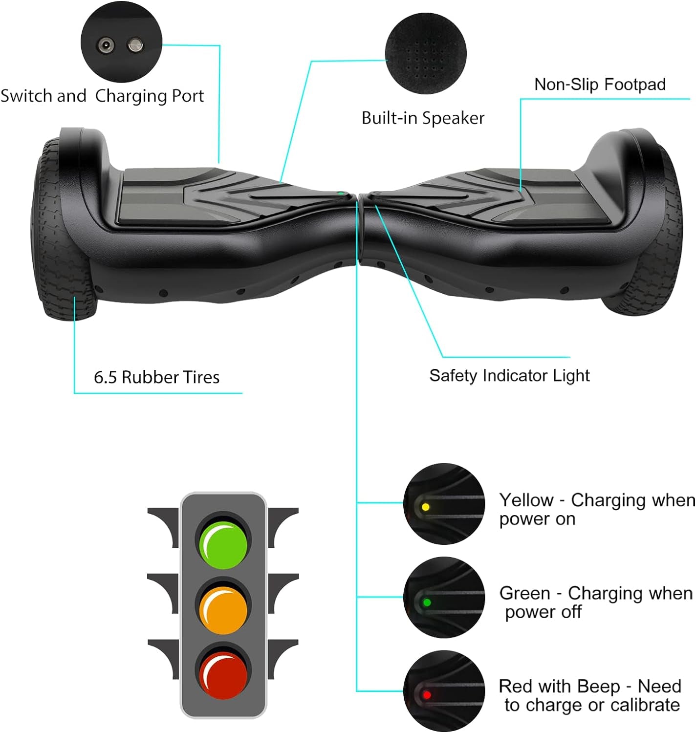 6.5" Hoverboard, A18 Model, Self Balancing Electric Scooter, Bluetooth Hoverboard for Kids and Adults