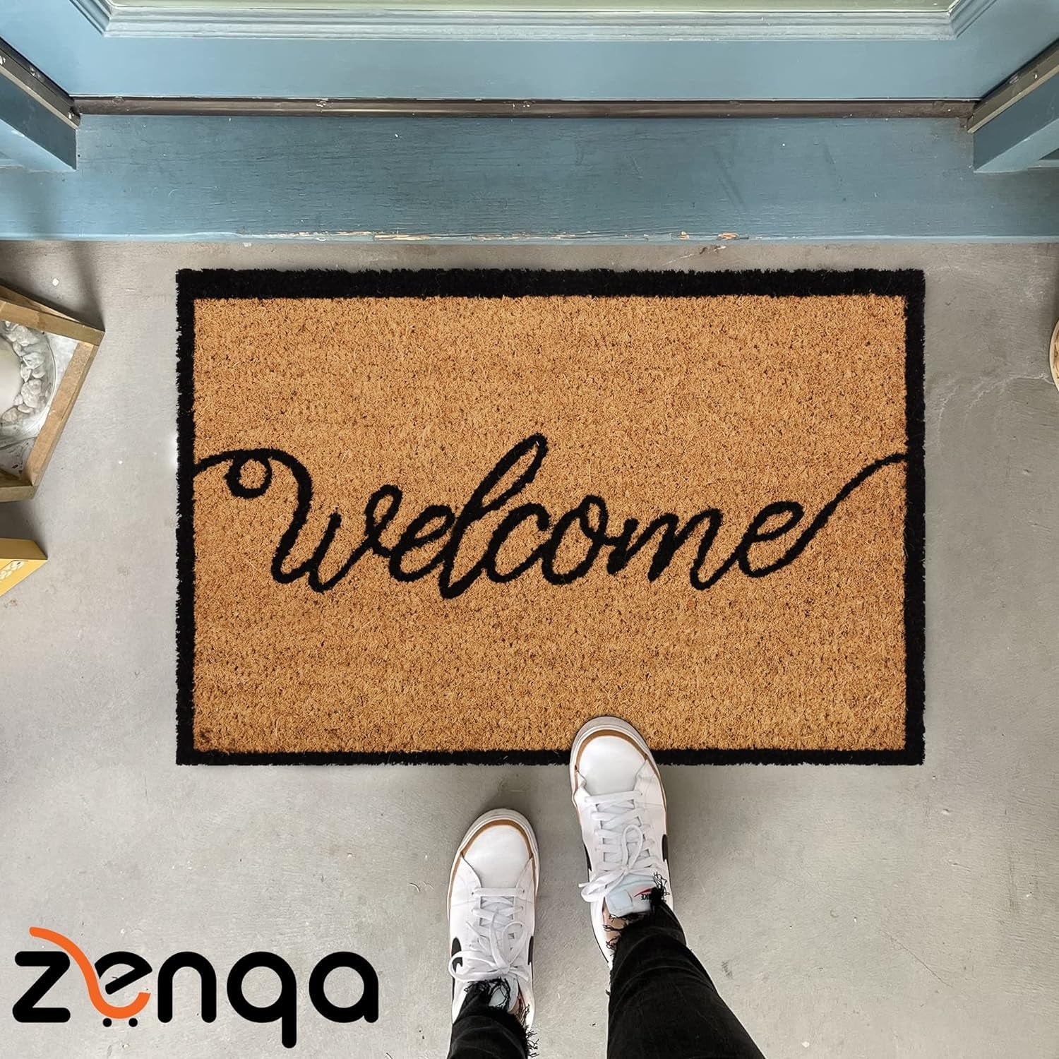 Coir Door Mats Outdoor Indoor | Front Door Heavy Duty Doormat Thick Non Slip High Absorbency | Large 100% Natural Coir Dirt Trapper | Entrance Matting (Welcome Cursive)