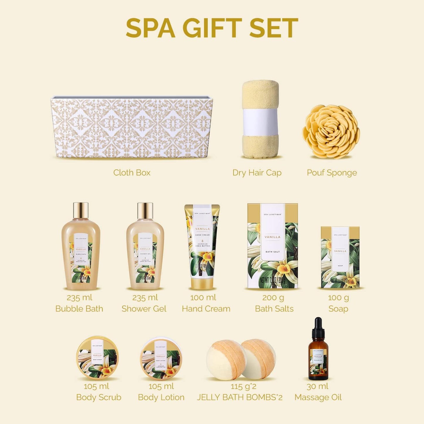 Spa Gift Set,12Pcs Vanilla Shower Set, Pamper Gifts for Women, Bath Gift Set with Body Lotion, Bath Bomb, Bubble Bath, Bath Sets for Women Gifts Birthday Christmas Gift Sets