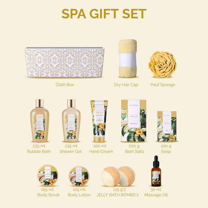 Spa Gift Set,12Pcs Vanilla Shower Set, Pamper Gifts for Women, Bath Gift Set with Body Lotion, Bath Bomb, Bubble Bath, Bath Sets for Women Gifts Birthday Christmas Gift Sets