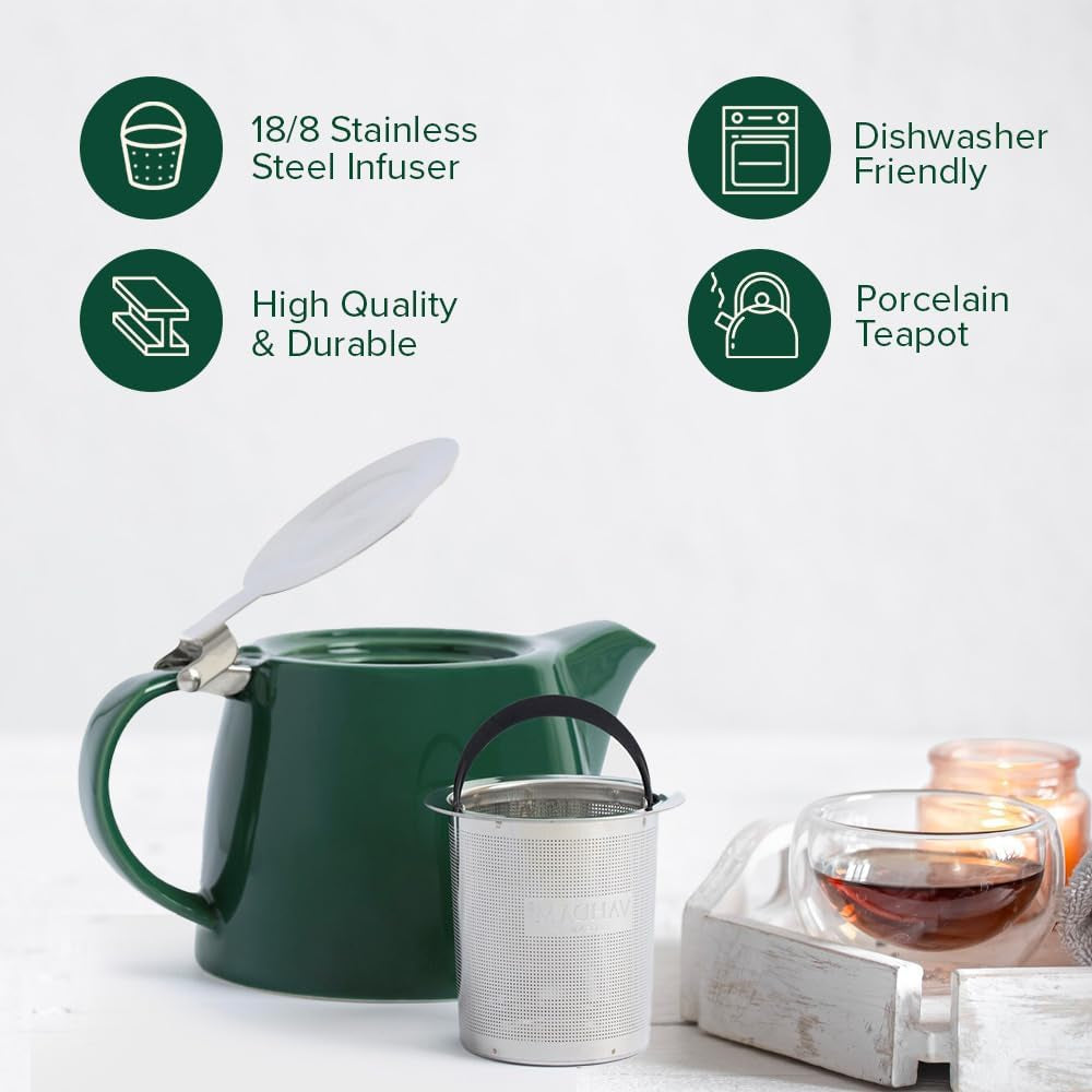 Porcelain Loose Leaf Teapot with Infuser, Strainer & Lid | Tea Pot for 2 People | Dark Green | Tea & Coffee Teapot, Tea Gift Sets - 500Ml/17 Oz