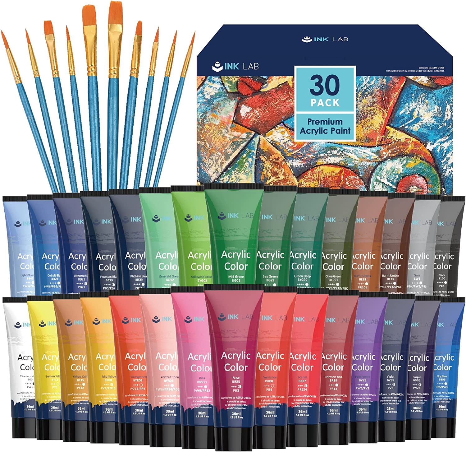 Acrylic Paint Set 30 Colours Acrylic Paints in Tubes Non Toxic for Artists Beginners Painting on Canvas Wood Fabric Rocks, 36Ml/Tube, Rich Pigment