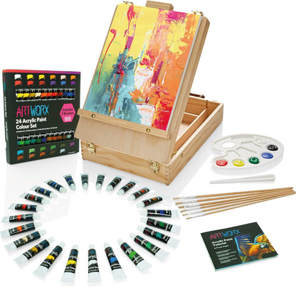 Painting Set for Adults - Box Easel - Portable Table Top Easel - Kit Includes 2 X Canvasses, 24 X Paints & 6 Brushes - Canvas Painting Set