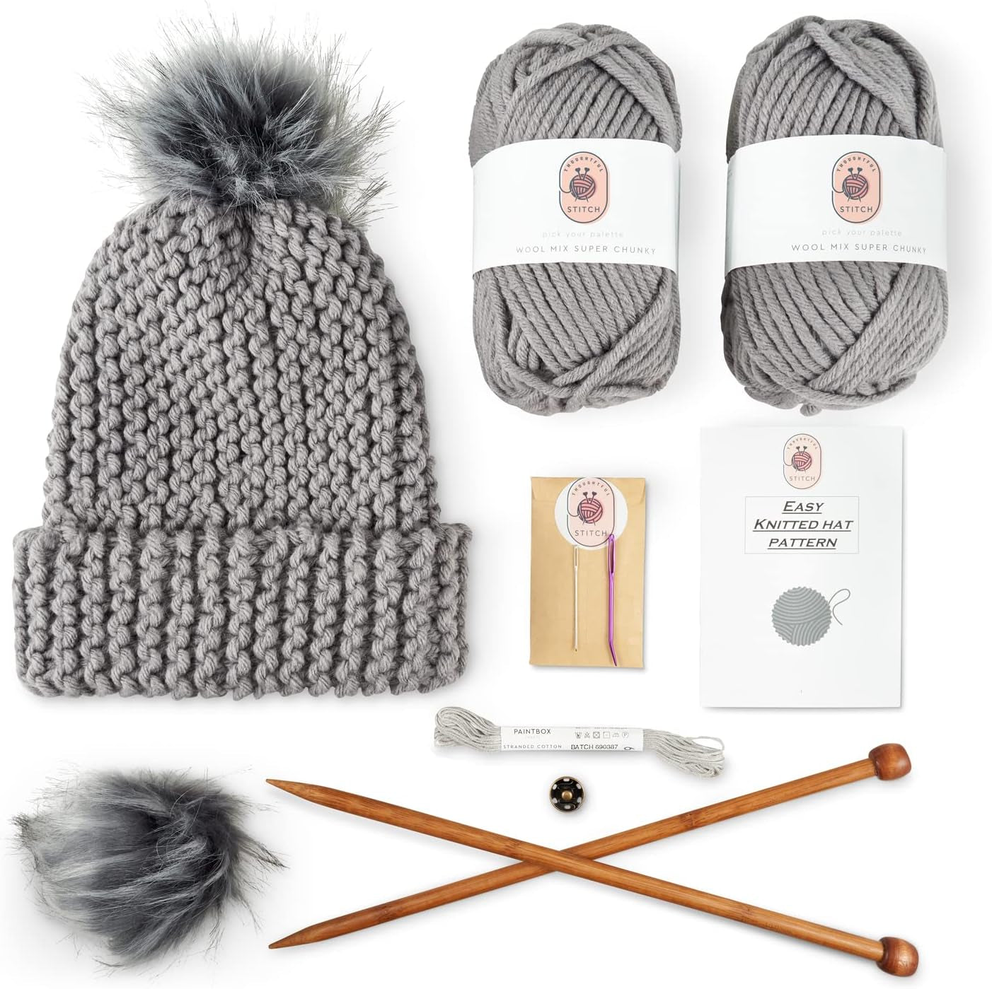 Knitting Kits for Beginners Adults – Practical and Easy to Use Hat Knitting Kit with Yarn, Bamboo Knitting Needles, Faux Pom Pom – Complete Beginners Knitting Kit – Lovely Present for Women and Men