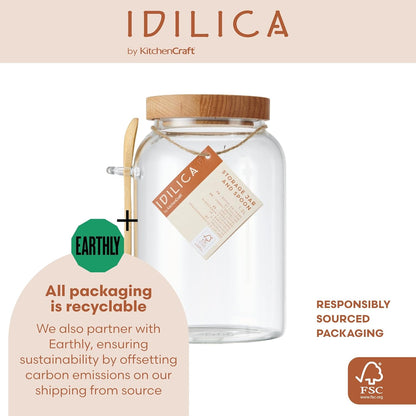 Idilica Glass Storage Jar with Beechwood Lid and Bamboo Spoon, Airtight Glass Canister with Wooden Lid for Kitchen Storage and Organisation, 1200Ml