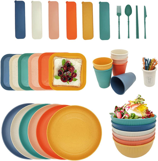 67 Pieces Plastic Dinnerware Set for 6, Bpa-Free Unbreakable Dinnerware Set for 6 People, the Outdoor Camping Tableware Set in 6 Colors Suitable for Family Dinners, Picnics and Camping.