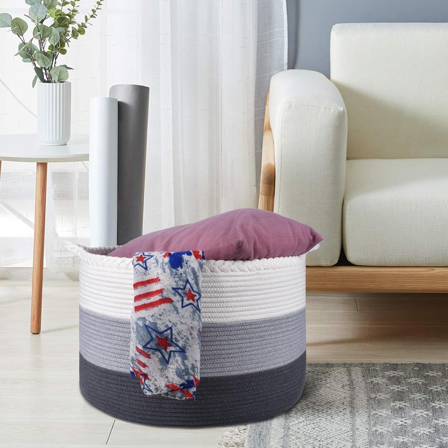 Extra Large Blanket Basket, Storage Basket, Rope Laundry Basket, 55 X 35 CM, Cotton Rope Basket, XXXL Laundry Basket, Toy Basket, Woven Basket, Clothes Baskets, White/Gray