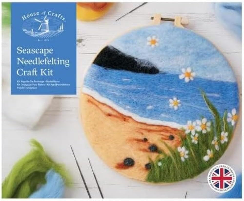 Needle Felted Seascape, Single Craft Kit Set, Multicoloured, Includes 4 X Needles, 1 X Plastic Hoop, 1 X Seascape Template, Coloured Acrylic Wool