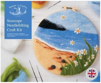 Needle Felted Seascape, Single Craft Kit Set, Multicoloured, Includes 4 X Needles, 1 X Plastic Hoop, 1 X Seascape Template, Coloured Acrylic Wool