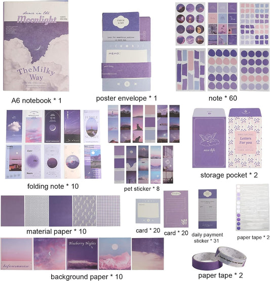 Aesthetic Scrapbook Kit, Purple Scrapbooking Journaling Supplies Kit with Stationery Journal Scrapbooking Supplies A6 Grid Notebook for Girls DIY Gift (Moonlight)