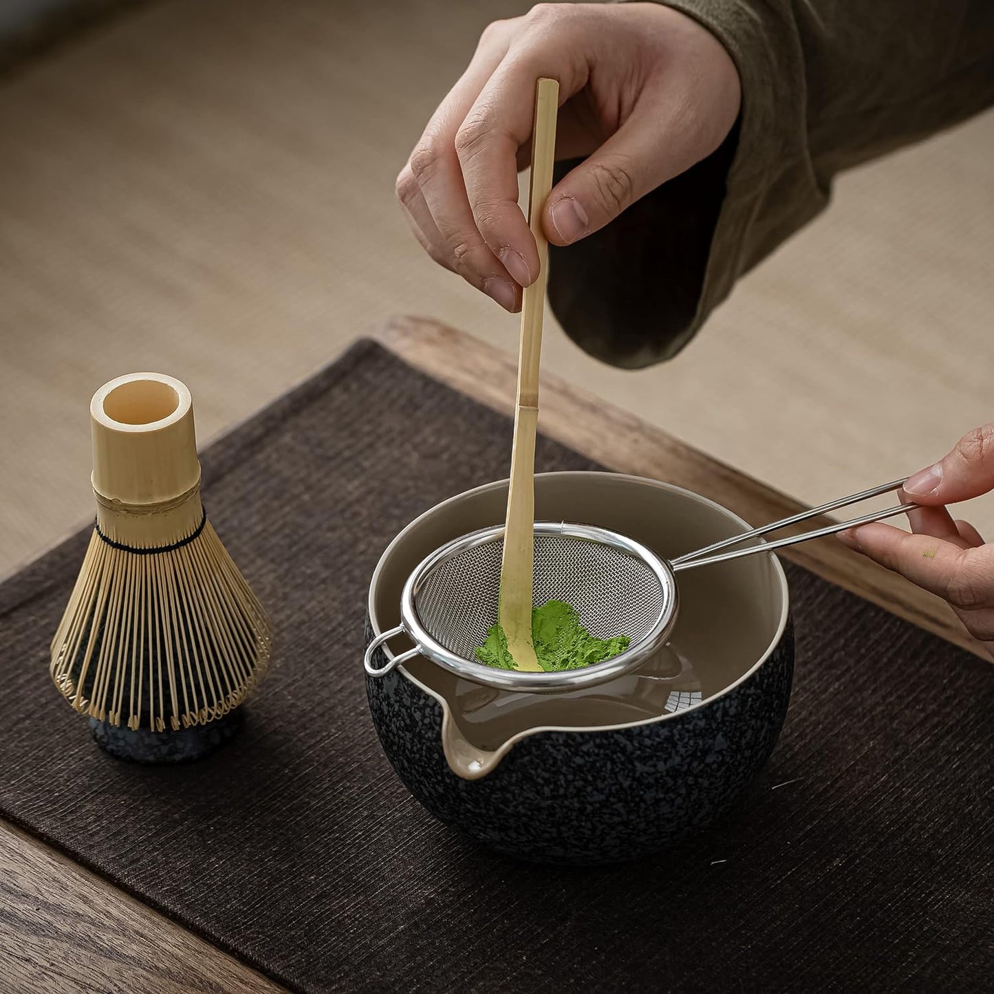 Matcha Set Matcha Whisk Matcha Bowl with Pouring Spout Scoop Matcha Whisk Holder Tea Making Kit. 1 Japanese Tea Set (7Pcs) + 2Cups(7.2Oz),S1,Charcoal Grey,Color Box Packing