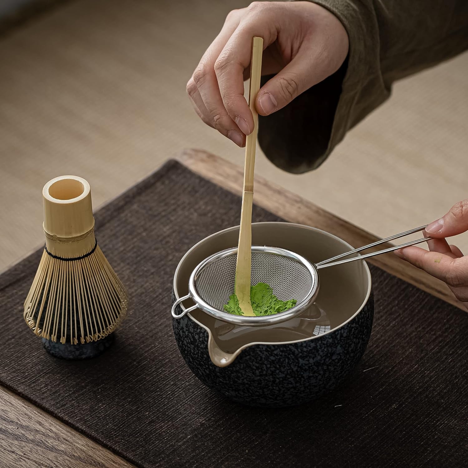 Matcha Set Matcha Whisk Matcha Bowl with Pouring Spout Scoop Matcha Whisk Holder Tea Making Kit. 1 Japanese Tea Set (7Pcs) + 2Cups(7.2Oz),S1,Charcoal Grey,Color Box Packing