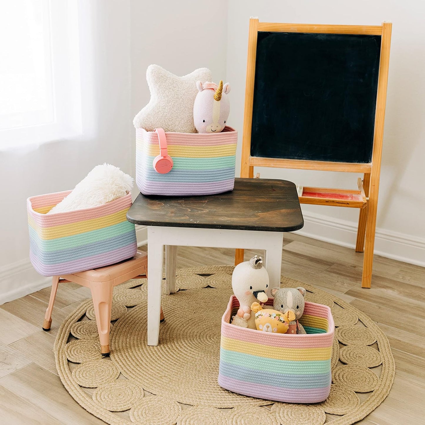 Set of 3 Toy Storage Baskets | Woven Nursery Storage Basket | Rainbow Blanket Basket | Cotton Rope Toilet Roll Basket | Woven Basket for Towel Storage | Bathroom Storage Baskets for Shelves