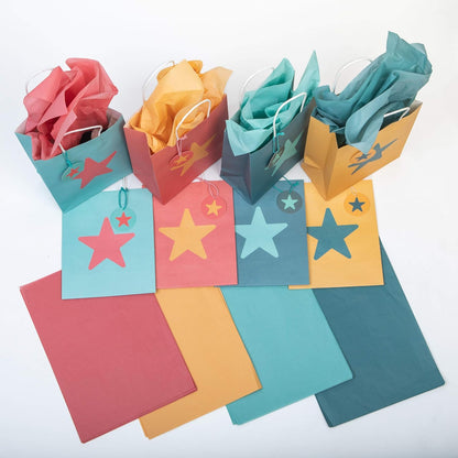 Friendly Star Pattern Kraft-Style Gift Bags with Tissue Paper and Tags. Pack of 8 Bags