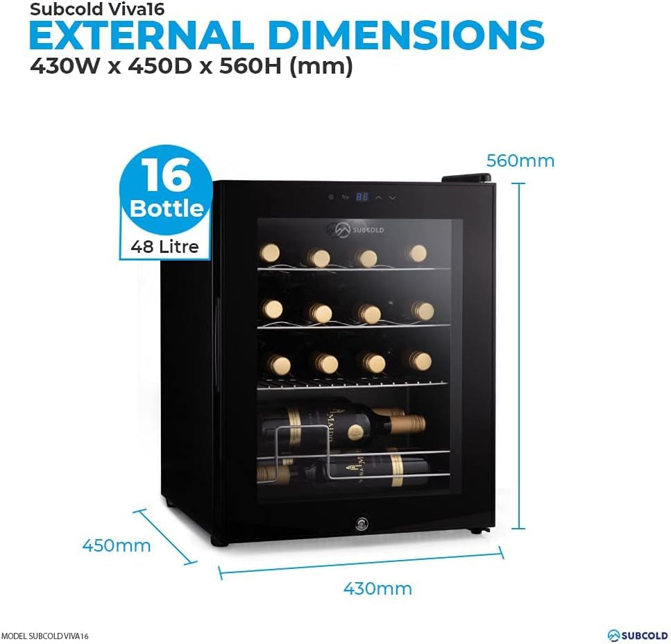 Viva16 LED – Table-Top Wine Fridge Black | 3-18°C | Wine Cooler | LED + Lock & Key | Glass Door Drinks Cellar | Single-Zone (16 Bottle)