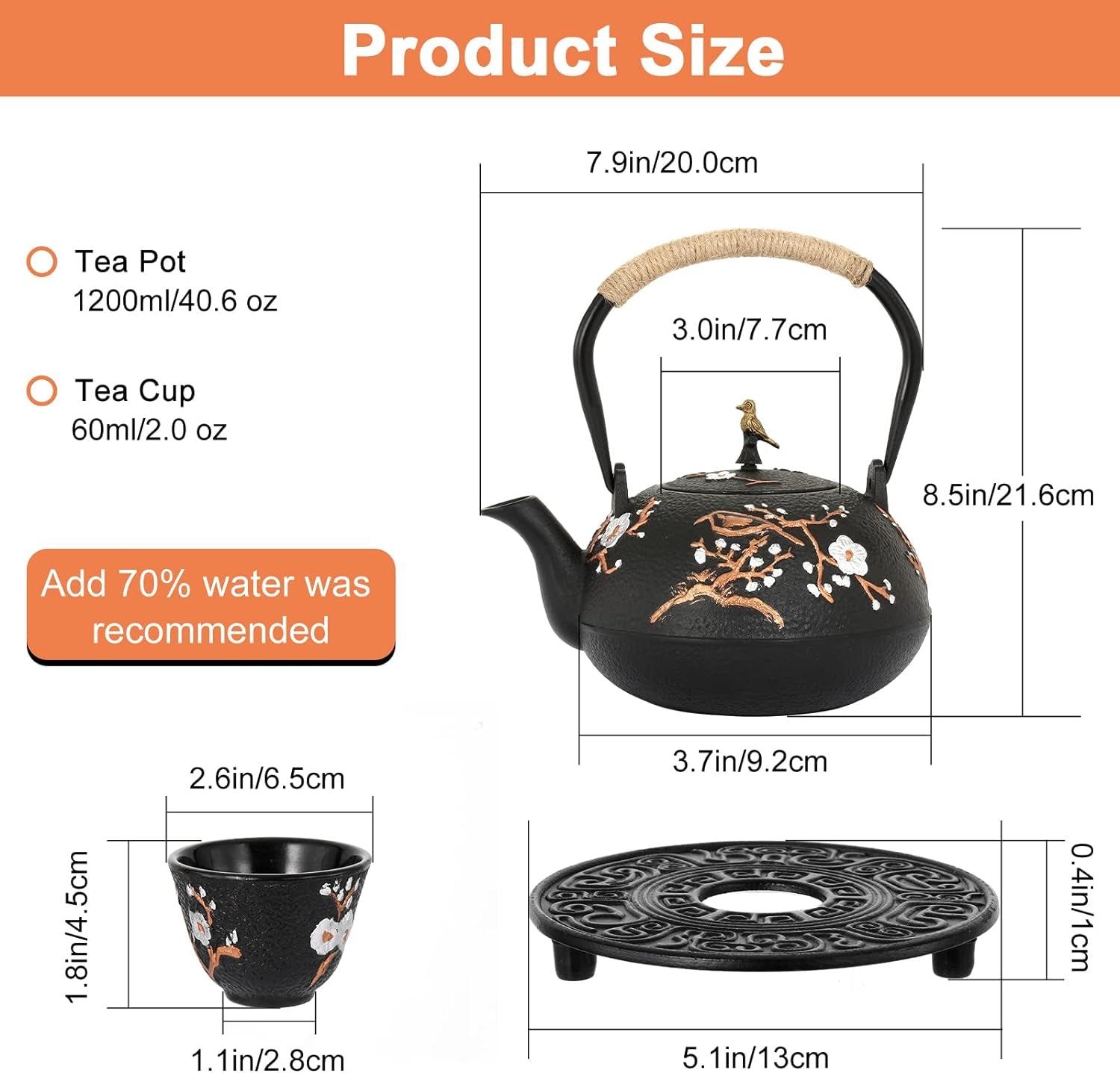 Cast Iron Teapot, 1200Ml Japanese Tetsubin Tea Kettle with Infuser, Glossy Enamel Inside, Plum Flower Teapot Set with Tea Cups, Teapot Holder, Home Health Iron Pot for Stovetop