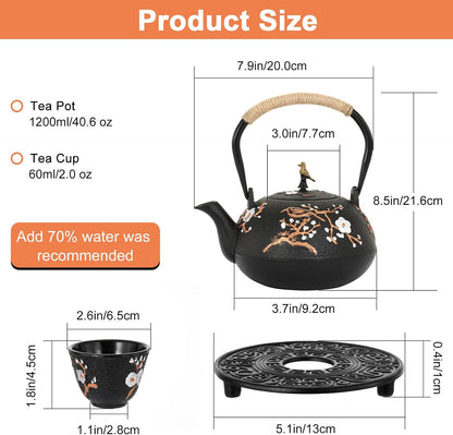 Cast Iron Teapot, 1200Ml Japanese Tetsubin Tea Kettle with Infuser, Glossy Enamel Inside, Plum Flower Teapot Set with Tea Cups, Teapot Holder, Home Health Iron Pot for Stovetop