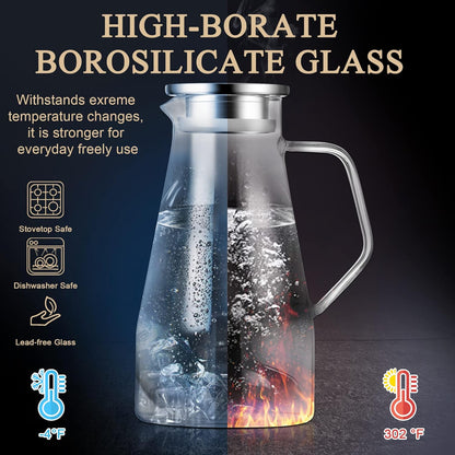 Glass Jug - 2 Liter Heat Resistant Borosilicate Glass Carafe, Easy Clean Water Jug with Lid and Precise Scale Line, Iced Tea Pitcher for Juice&Hot Beverages, 1 Free Long-Handled Brush Included