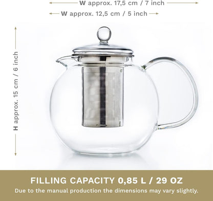 Glass Teapot 850Ml with Warmer - Stovetop Safe Tea Kettle with Stainless Steel Infuser and Glass Lid, Ideal for Preparing Loose Teas - Drip Free