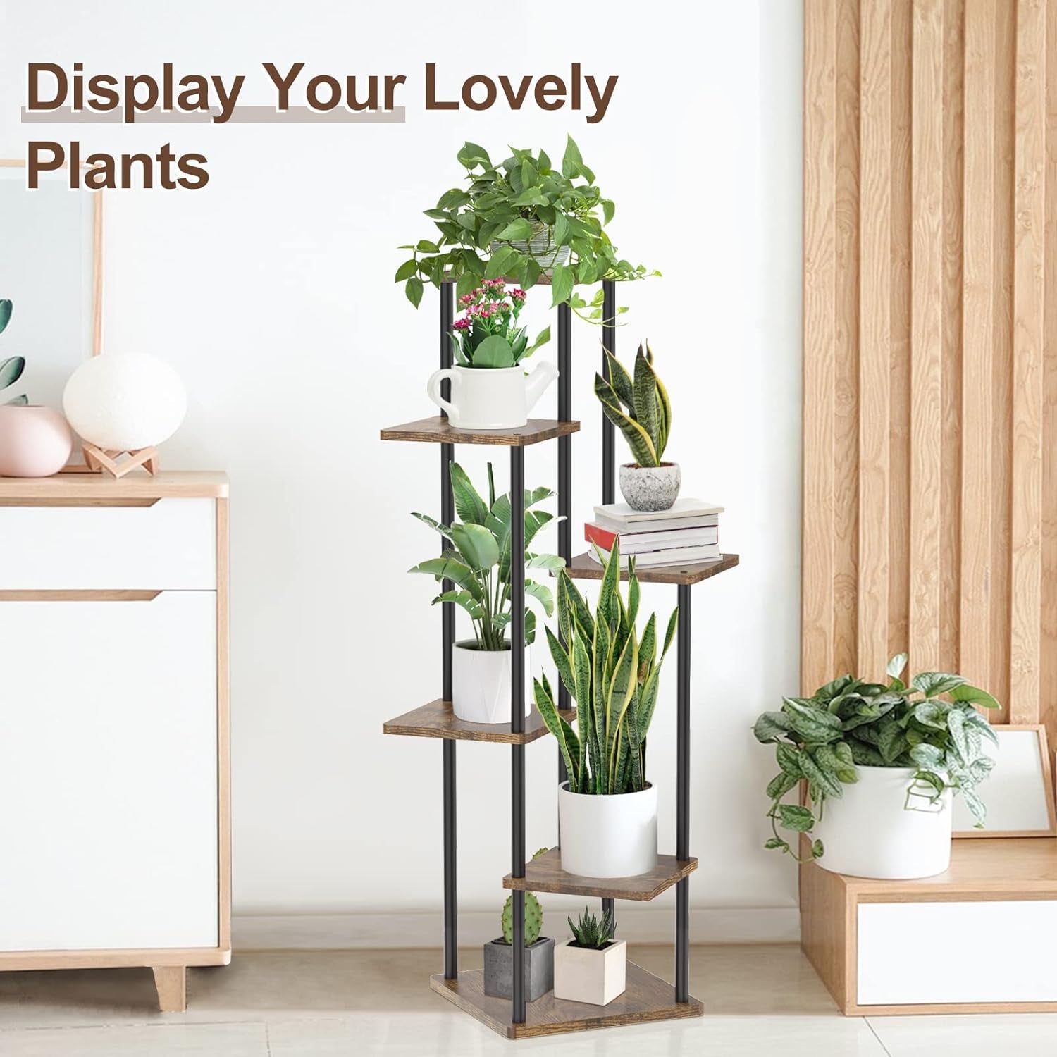 6 Tier Tall Corner Plant Stands Indoor Outdoor, 115Cm Large Metal Wood Plant Stand Flower Shelf for Multiple Plants, Tiered Plant Holder Rack for Balcony Garden Patio Living Room (Black)