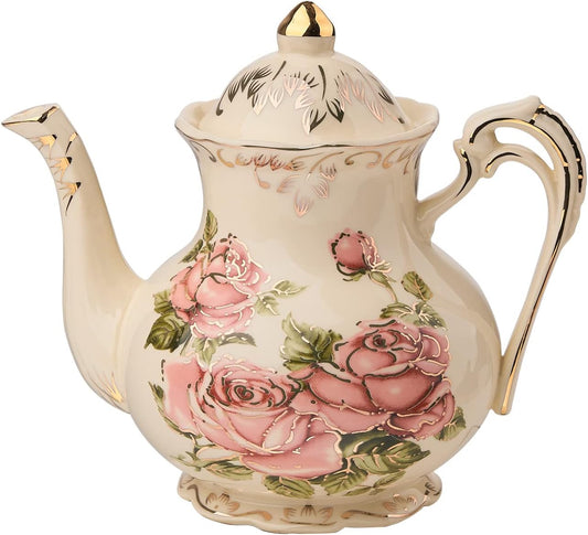 Pink Rose Teapot, 800Ml - 4 Cup Ceramic Teapot, Vintage Ivory Floral with Gold Leaves Edge Design, Gift for Women