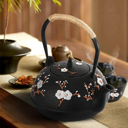 Cast Iron Teapot, 1200Ml Japanese Tetsubin Tea Kettle with Infuser, Glossy Enamel Inside, Plum Flower Teapot Set with Tea Cups, Teapot Holder, Home Health Iron Pot for Stovetop