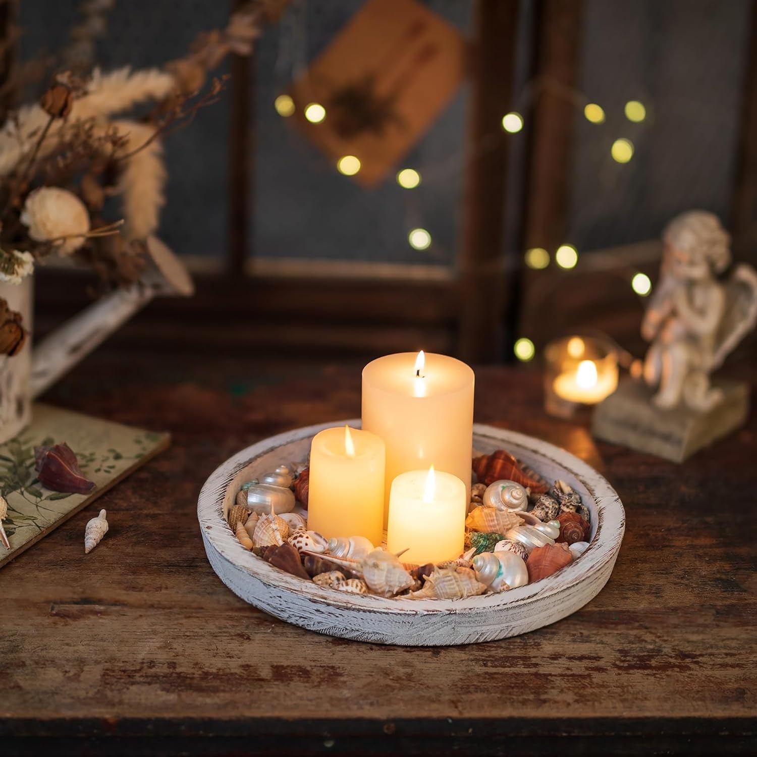 Wooden Candle Holder Tray: round Decorative Candle Plate Farmhouse Table Centerpiece Rustic Wood Tealight Pillar Trays for Christmas Wedding Halloween Home Decor