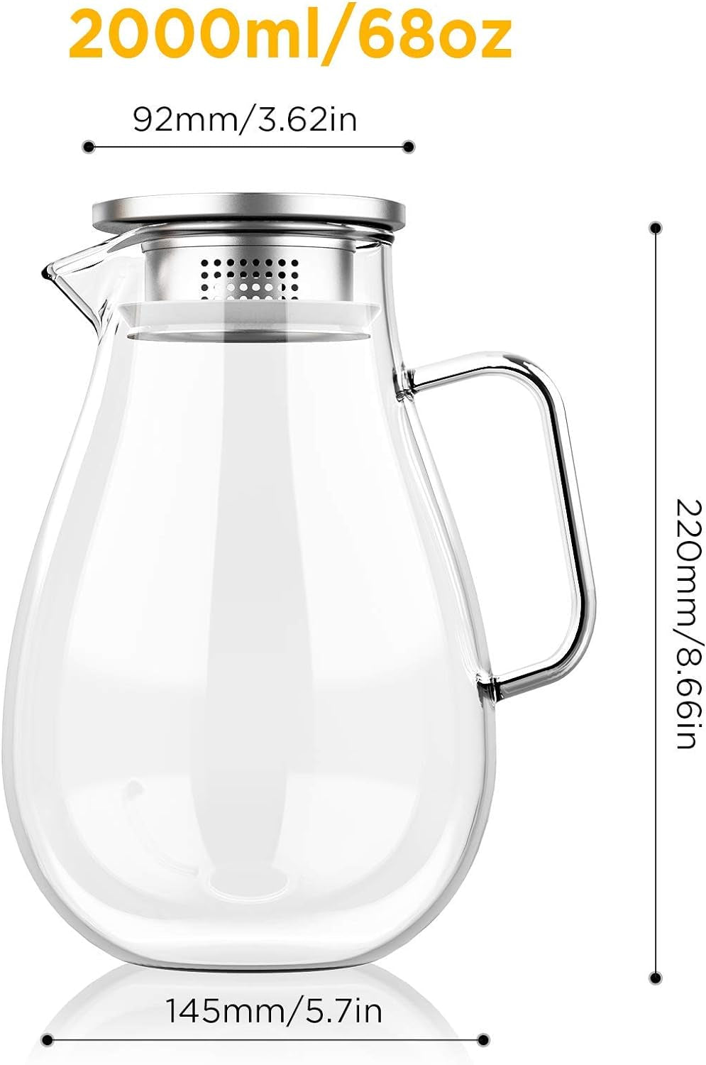 Glass Pitcher 2.0 Liter Fridge Jug 68 Ounces Carafes 304 Stanless Still Lid with Filter Hot Cold Iced Water Wine Coffee Milk Tea Juice Beverage Bottle with Stir Stick and Brush (2000Ml)