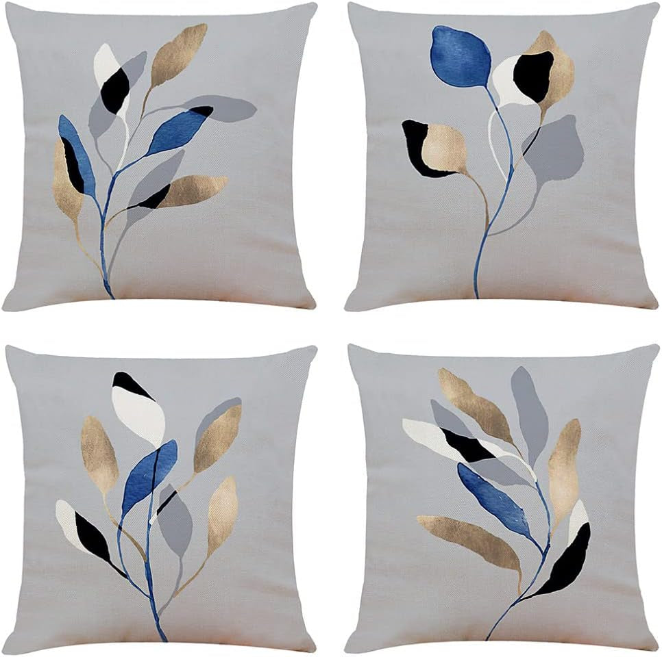 Leaf Cushion Covers 45Cm X 45Cm Set of 4 Grey Decorative Throw Pillow Covers 18X18 Inches Soft Polyester Square Cushion Cases for Living Room Sofa Couch Bed Pillowcases