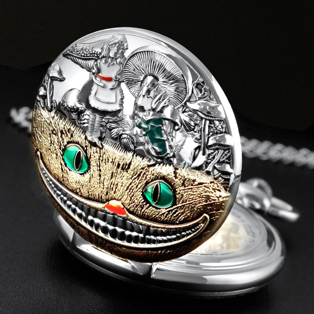 Alice in Wonderland Pocket Watch Alice Dial Roman Numerals Quartz Pocket Watches with Chain Christmas Birthday Gifts