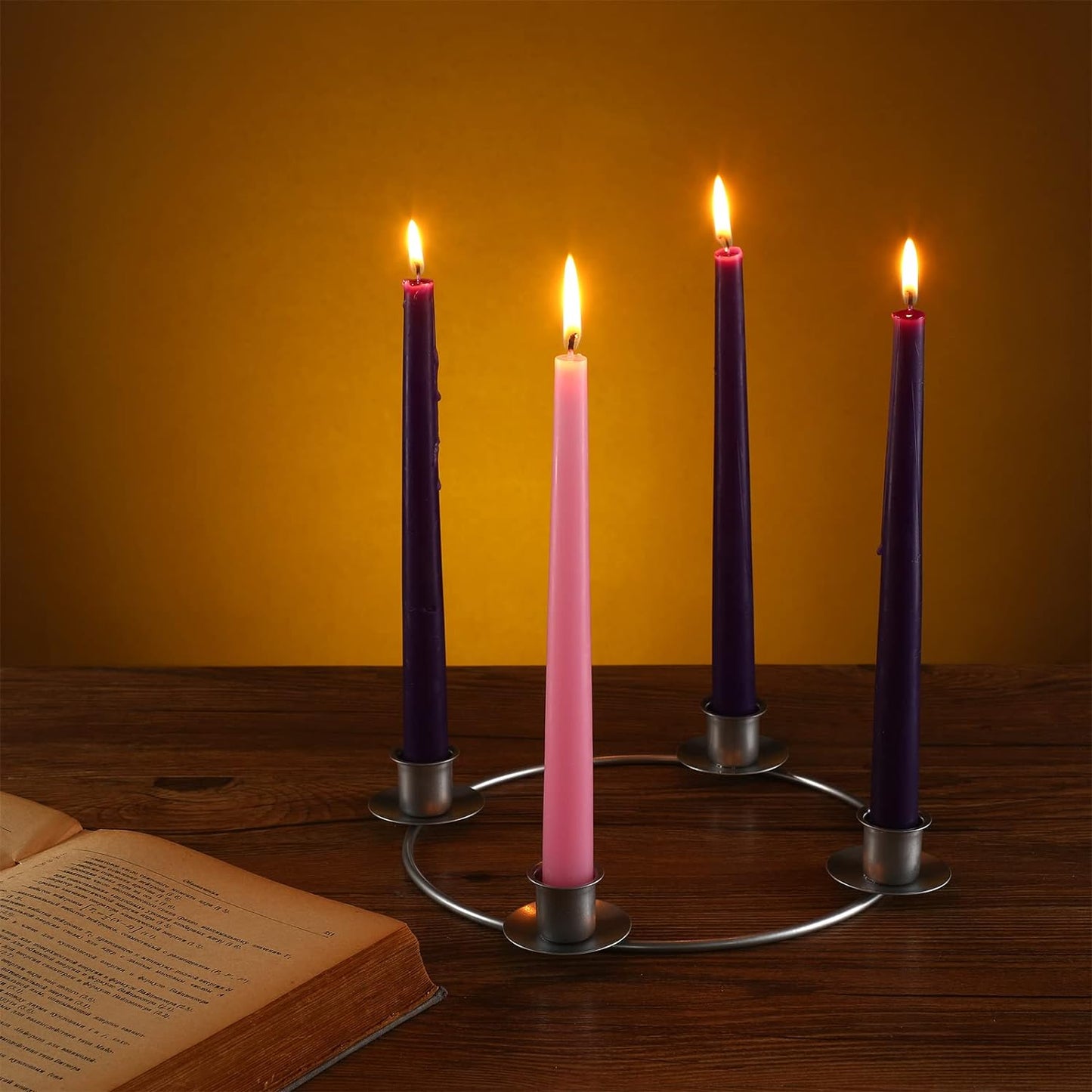 5 Packs Christmas Advent Wreath Ring Set Silver Christmas Advent Candles Holder with 4 Pcs Advent Candles 3 Purple and 1 Pink Taper Candles Christmas Advent Ring Set for Church Home