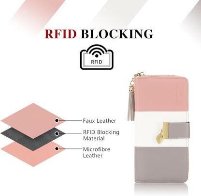 Womens Wallet RFID Blocking Large Capacity Long Purse with Multiple Card Slots Zipper Phone Coin Pocket