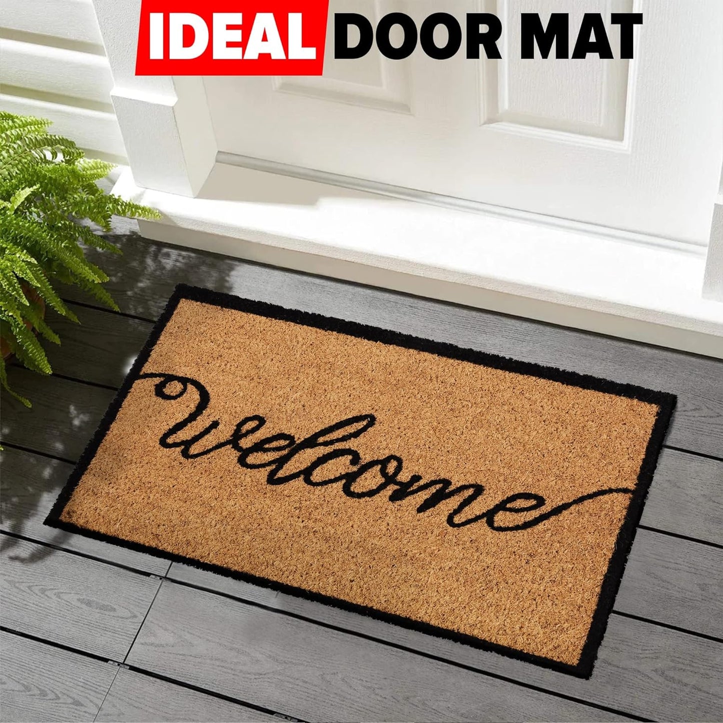 Coir Door Mats Outdoor Indoor | Front Door Heavy Duty Doormat Thick Non Slip High Absorbency | Large 100% Natural Coir Dirt Trapper | Entrance Matting (Welcome Cursive)