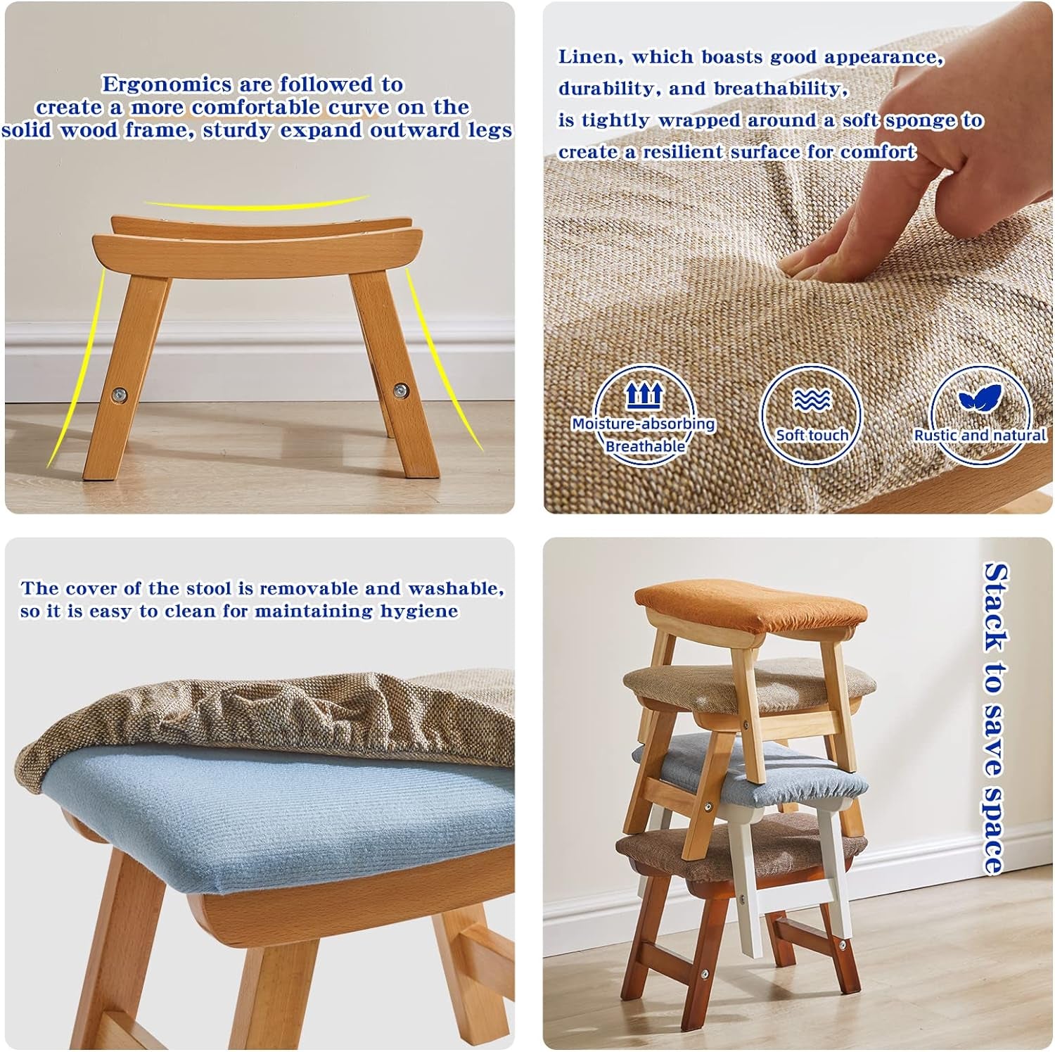 Wooden Footstool, Foot Stool Ottoman Pouffe Padded Chair Stool with Removable Cover 4 Beech Legs Suitable for Bedroom, Living Room and Kitchen, (Natural Leg + Beige Cushion), YDEU-1358