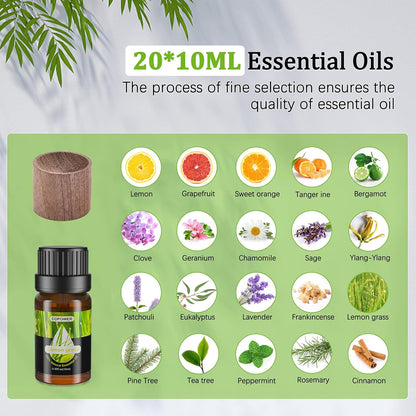 Essential Oils for Diffusers for Home,  20 X10Ml Diffuser Oils Fragrance with Diffuser Wood, [Aroma Secrets] 100% Pure Aromatherapy Oil, Lavender, Lemon, Rosemary, Frankincense, Eucalyptus.