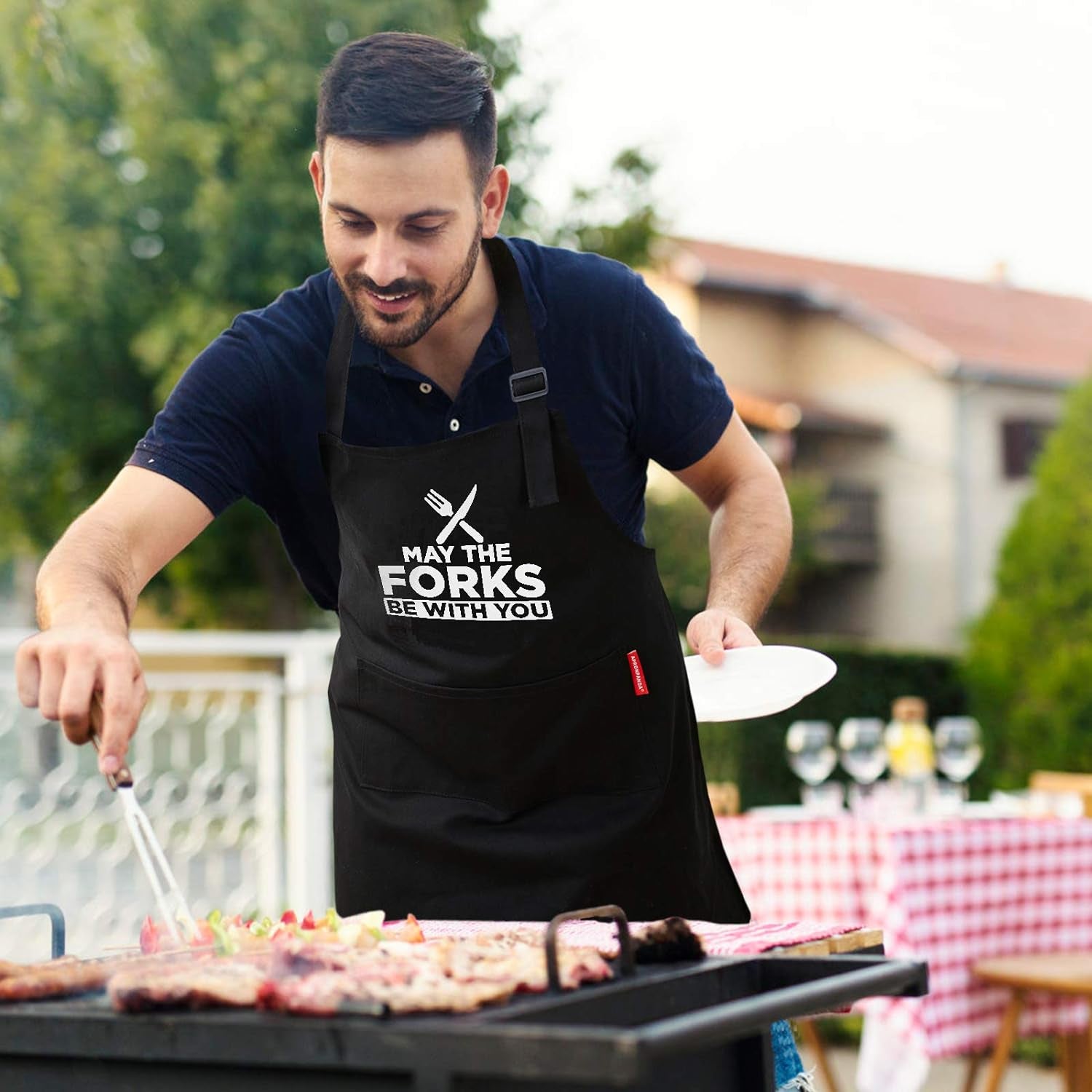 Mens BBQ Grilling Kitchen Aprons-May the Forks Be with You, Novelty Funny Cooking Apron for Movie Fans, Black Chef Apron, Christmas Gifts for Him, Men, Husband, Boyfriend, Son