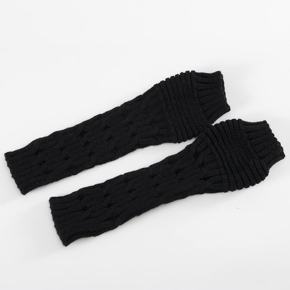 2 Pairs Winter Knitted Arm Gloves Warm Arm Sleeves Thermal Arm Warmers Long Fingerless Gloves with Thumb Holes Black and White