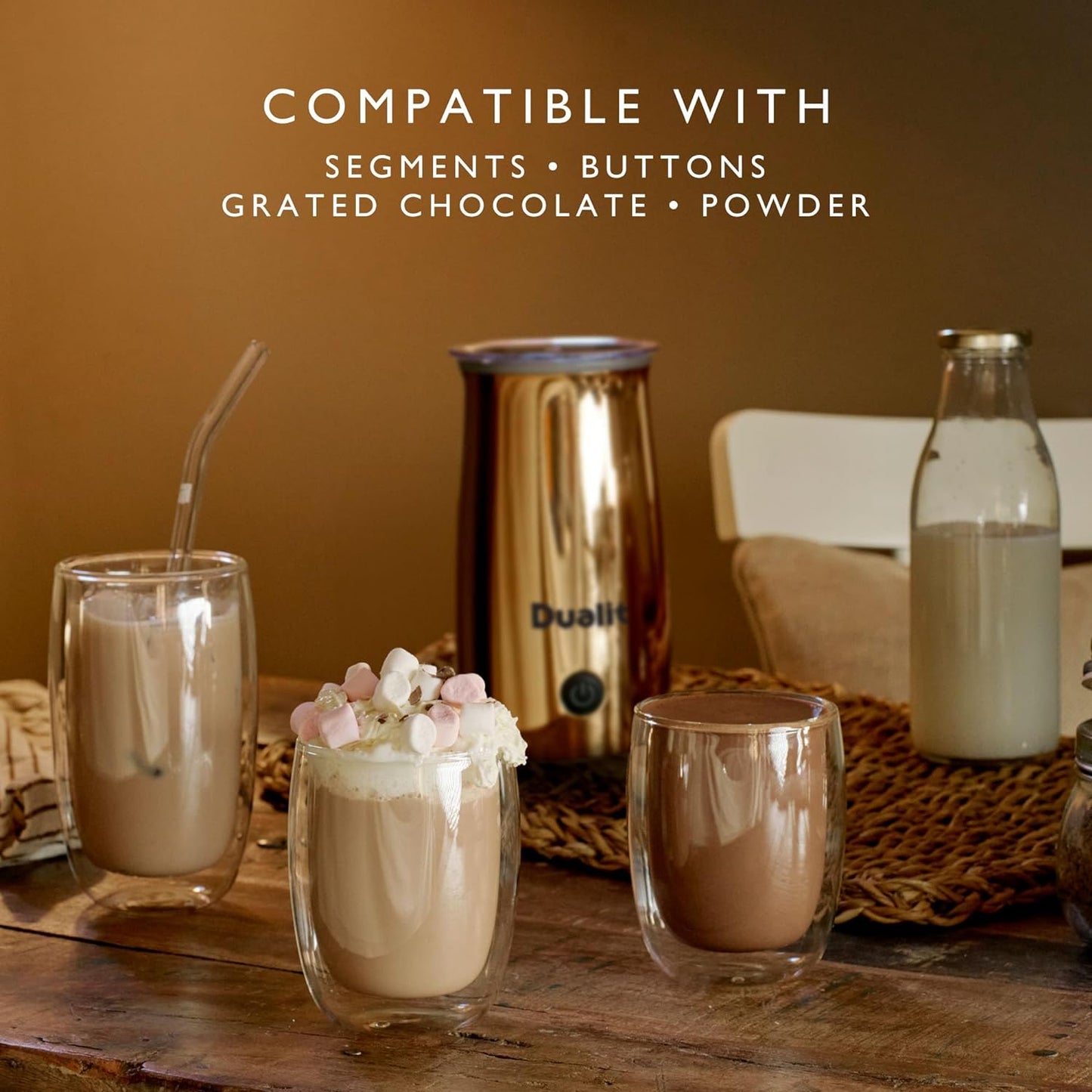 Cocoatiser™ Hot Chocolate Maker - 250Ml Capacity - Powder, Buttons & Grated Chocolate - Velvety Hot Chocolate in 3 Mins - Cordless Jug - Copper