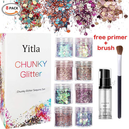 8 Color Face Glitter Cosmetic Glitter, for Body, Cheeks and Hair, Festival and Party Beauty Makeup - Includes Long Lasting Fix Gel and Brush