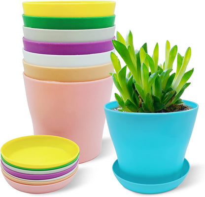 8Pcs 14Cm Plant Flower Pots Colorful Plastic Plant Pots Indoor Flower Pots Plant Container Planters with Trays for Office House Succulent Fruit Vegetable Seedlings Transplanting, 8 Colors