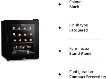 Viva16 LED – Table-Top Wine Fridge Black | 3-18°C | Wine Cooler | LED + Lock & Key | Glass Door Drinks Cellar | Single-Zone (16 Bottle)