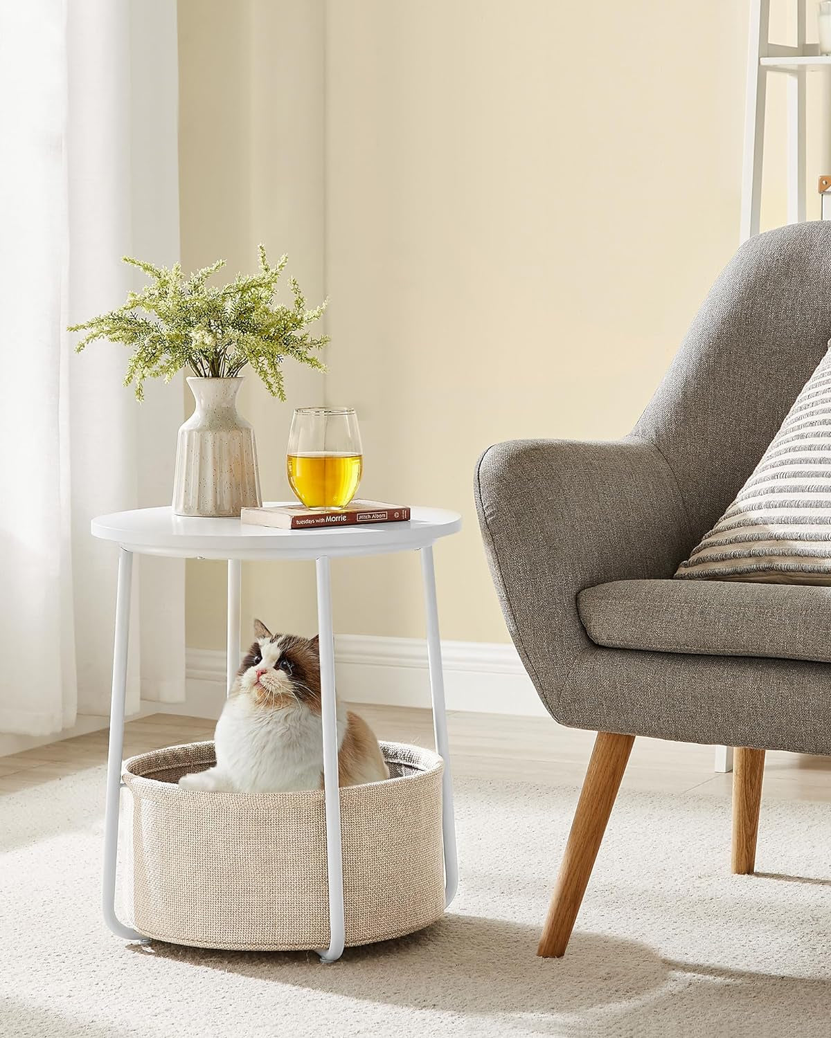 Side Table, round End Table with Fabric Basket, Spacious, for Living Room Bedroom, Bedside Table, Modern Style, White and Beige LET223W10