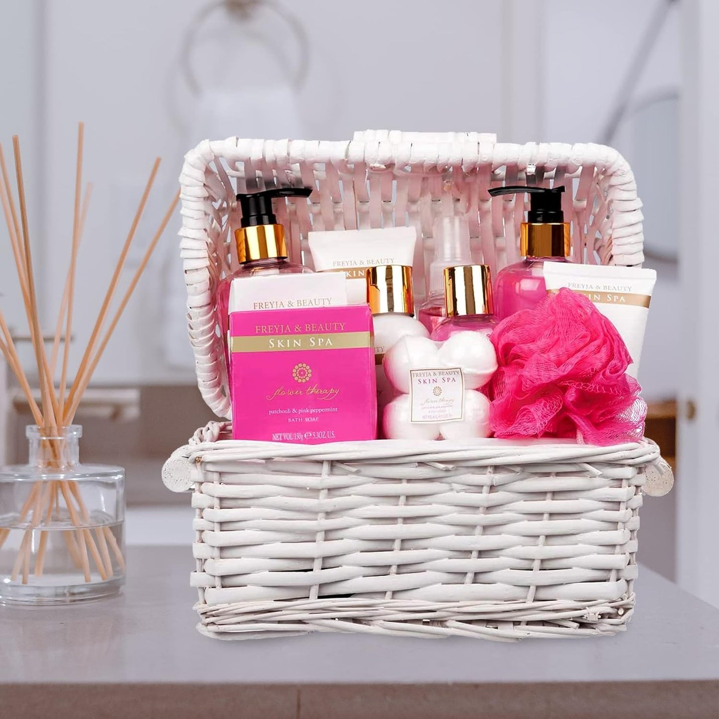 11 Piece Luxurious Patchouli & Pink Peppermint Body & Bath Spa Basket Gift Set - Includes All Bathing Essentials Complete with Large Basket and Bow Ribbon