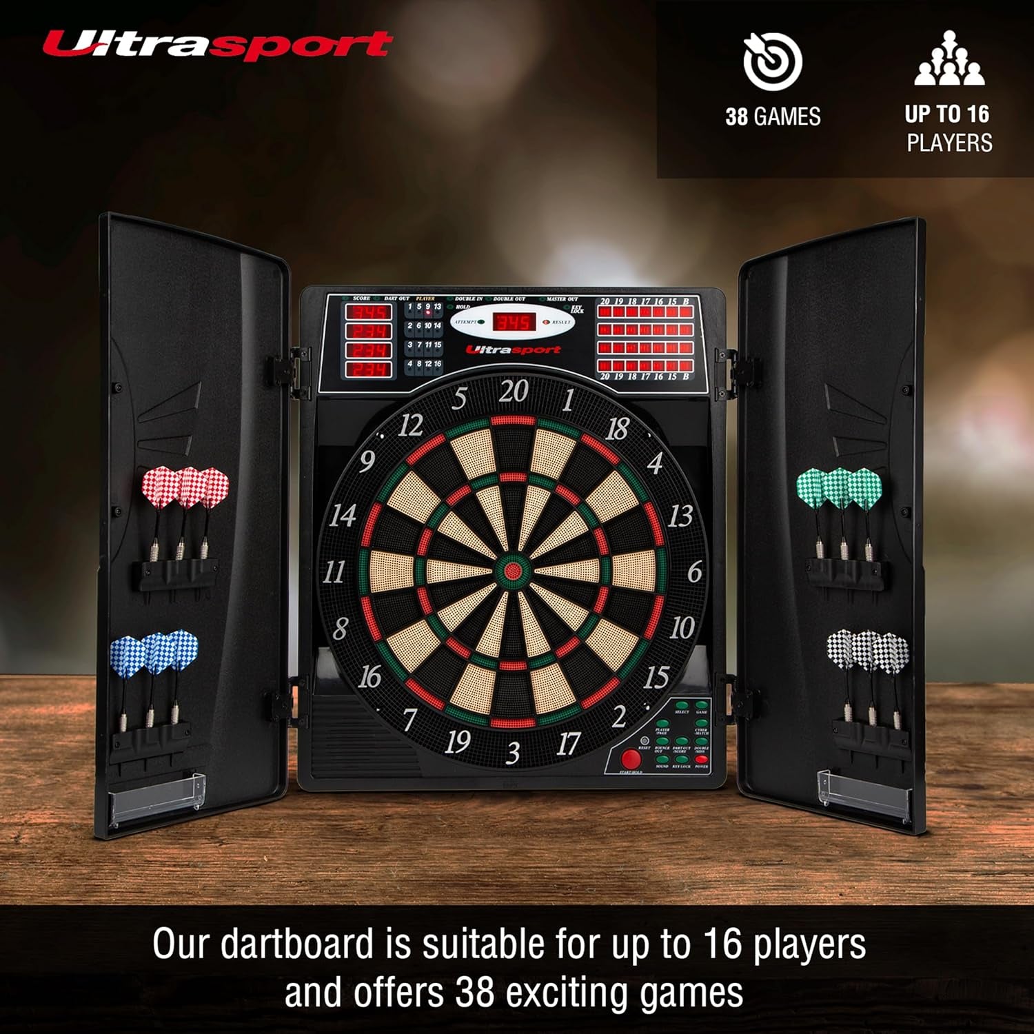 Electric Dartboard, with and without Doors, Dart Machine for up to 16 Players, Including Throw Line, 12 Darts and 100 Soft Tips, Suitable for Parties and Game Nights