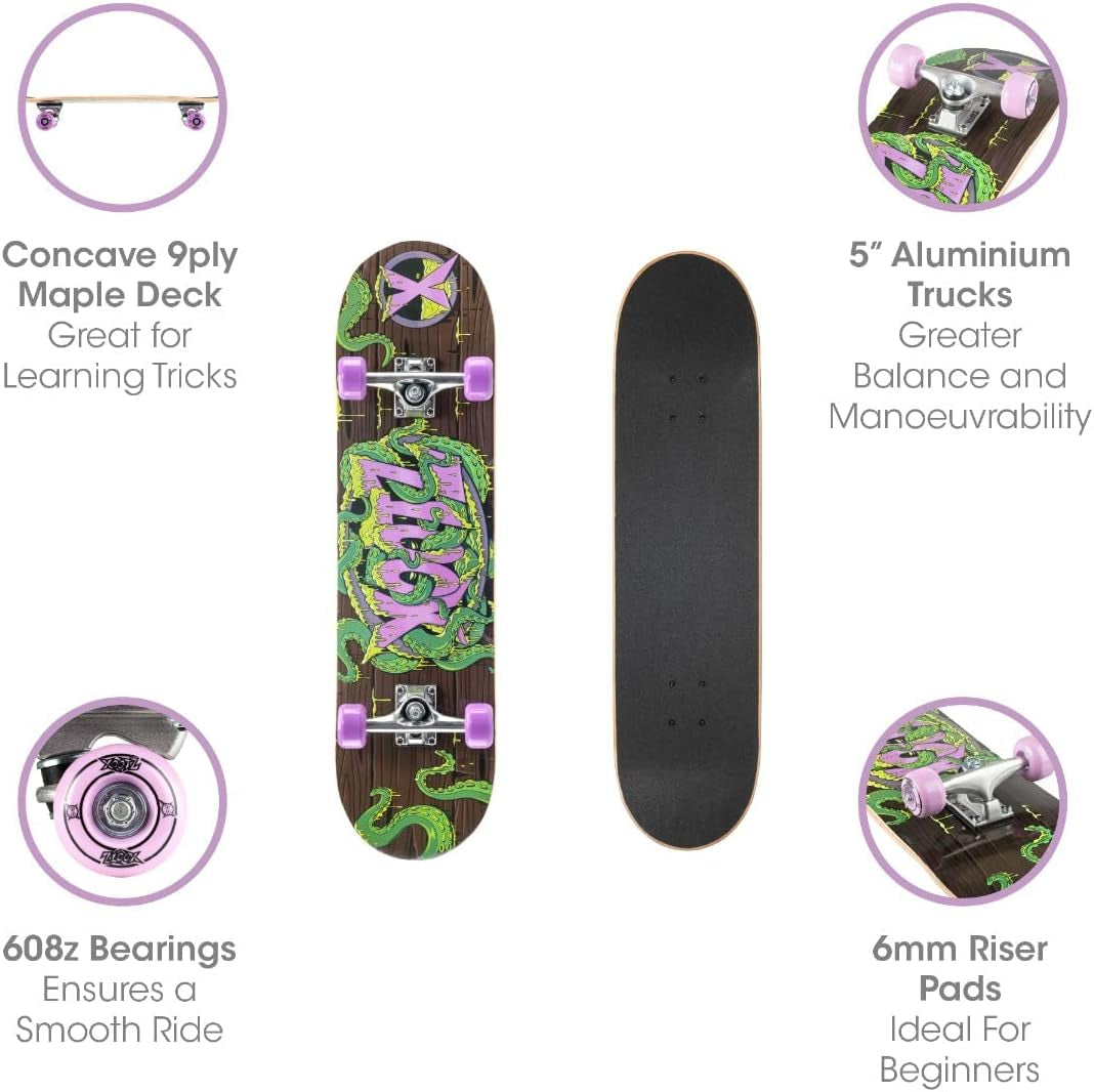 31” X 8” Complete Skateboard for Beginners, 9 Ply Maple Deck, Double Kick Standard Board, for Boys and Girls, Multiple Colours