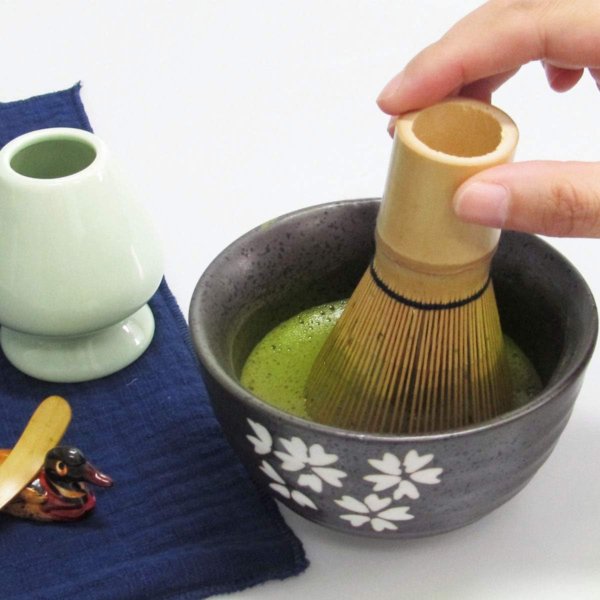 Japanese Matcha Tea Set, Matcha Whisk, Traditional Scoop, Matcha Bowl, Black Bamboo Tray, Ceramic Whisk Holder, Matcha Caddy, Handmade Matcha Ceremony Kit for Japanese Tea Ceremony (10Pcs)