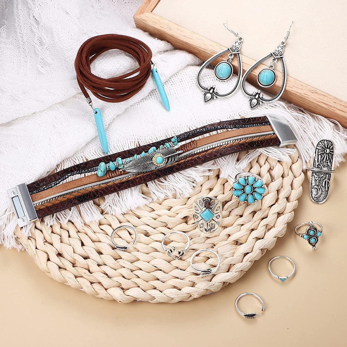 Bohemian Turquoise Jewelry for Women Men Western Turquoise Set Western Adjustable Belt Rings and Necklace Vintage Turquoise Drop Earrings Bracelet Western Boho Turquoise Jewelry for Women