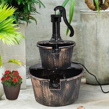 Electric Outdoor Wooden Effect Plastic 2 Tier Barrel Waterfall Fountain Cascading Water Fountain Pump Patio Deck Feature Ornament